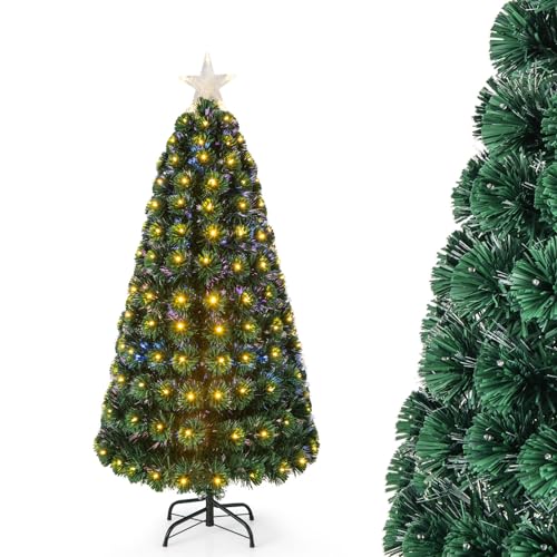 GYMAX 150/180 cm Künstlicher Weihnachtsbaum, Tannenbaum mit 5 Baumkronensternen, Kunstbaum mit Glasfaser-Farbwechsler & 170/230 LED-Leuchten (150 cm) von GYMAX