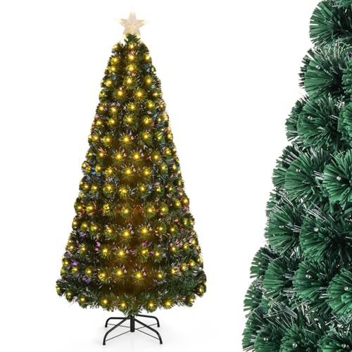 GYMAX 150/180 cm Künstlicher Weihnachtsbaum, Tannenbaum mit 5 Baumkronensternen, Kunstbaum mit Glasfaser-Farbwechsler & 170/230 LED-Leuchten (180 cm) von GYMAX