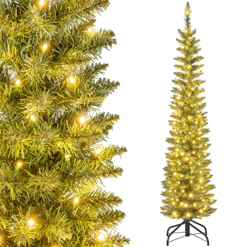 GYMAX 150 cm künstlicher Weihnachtsbaum, Vorbeleuchteter Christbaum mit PVC-Zweigspitzen & warmweiße LED-Lichter, Bleistiftform Dekorationsbaum für Zuhause, Büro & Einkaufszentrum von GYMAX