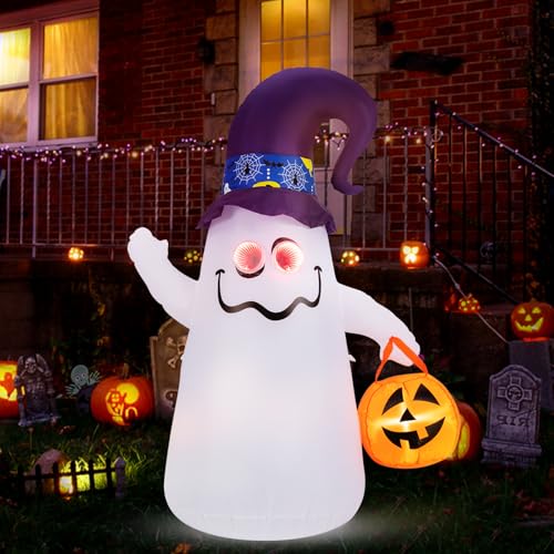 GYMAX 180 cm Halloween aufblasbarer Deko, aufblasbarer Halloween-Geist mit Kürbislaternen & Hexenhut, aufblasbare Dekoration mit integrierte LED-Lichtern, für Innenbereich, Garten & Party von GYMAX