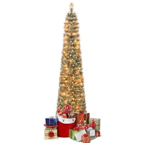 GYMAX 180 cm Künstlicher Weihnachtsbaum, Tannenbaum mit 105 LED Leuchten, Christbaum mit PVC & Tannen- Nadeln, Christbaum mit klappbarem Metallständer, für Zuhause, Büro & Einkaufszentrum von GYMAX