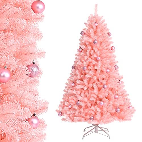 GYMAX 180 cm Weihnachtsbaum künstlich mit 1036 PVC-Nadeln & rosa Ornamenten, Christbaum mit Metallständer & Klappsystem, Tannenbaum für Zuhause, Eingangsbereich & Büro, rosa von GYMAX