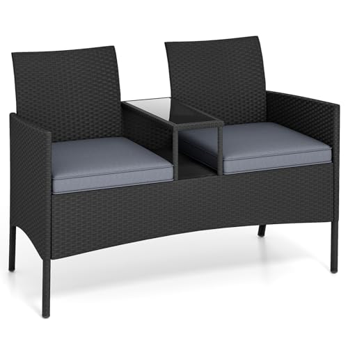 GYMAX 2-Sitzer Polyrattan Gartenbank, Gartenmöbel mit Glastisch & 2 weichen Polstern, Stabile Rattan Sitzbank 360 kg Belastbarkeit, Balkonmöbel für Terrasse, Garten, Grau+Schwarz von GYMAX