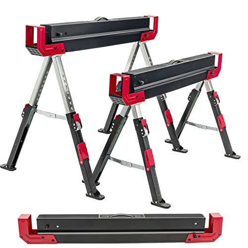 GYMAX 2er Set Sägebock höhenverstellbar 61,5–82,7 cm, tragbarer Arbeitsbock bis 1180 kg belastbar, klappbarer Unterstellbock, Werkstattbock mit Anti-Rutsch-Auflage & Tragegriff, Schwarz+Rot von GYMAX