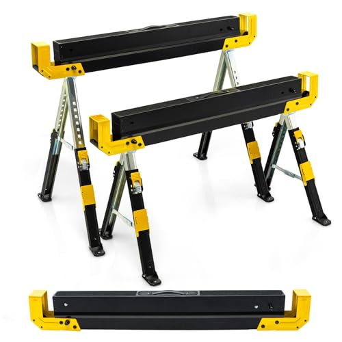 GYMAX 2er Set Sägebock höhenverstellbar 61,5–82,7 cm, tragbarer Arbeitsbock bis 1180 kg belastbar, klappbarer Unterstellbock, Werkstattbock mit Anti-Rutsch-Auflage & Tragegriff (Schwarz + Gelb) von GYMAX