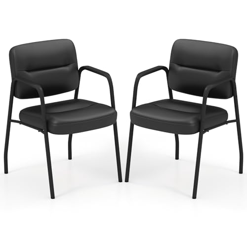 GYMAX 2er Set ergonomischen Wartezimmerstühlen, gepolsterte Konferenzstühle mit Armlehnen, Besucherstühle aus Kunstleder bis zu 160 kg belastbar, Bürostühle für Besprechungs- & Empfangsräume, Schwarz von GYMAX
