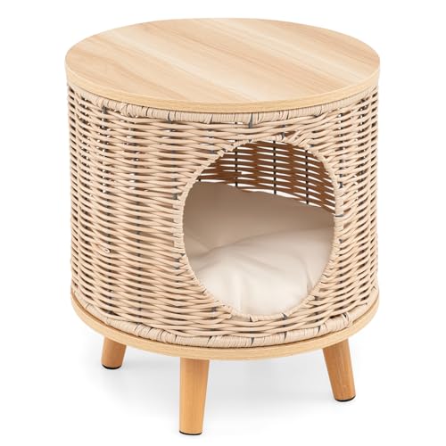 GYMAX 3-in-1 Katzenhöhle aus Rattan, Katzenhaus mit Hevea-Holzfüßen, Abnehmbarem Kissen für Katzen bis 30 kg, Umwandelbares Katzenbett in Hocker/Pouf, Ø36 x 41 cm GYMAX 3-in-1 Katzenhöhle aus Rattan, Katzenhaus mit Hevea-Holzfüßen, Abnehmbarem Kissen für Katzen bis 30 kg, Umwandelbares Katzenbett in Hocker/Pouf, Ø36 x 41 cm von GYMAX