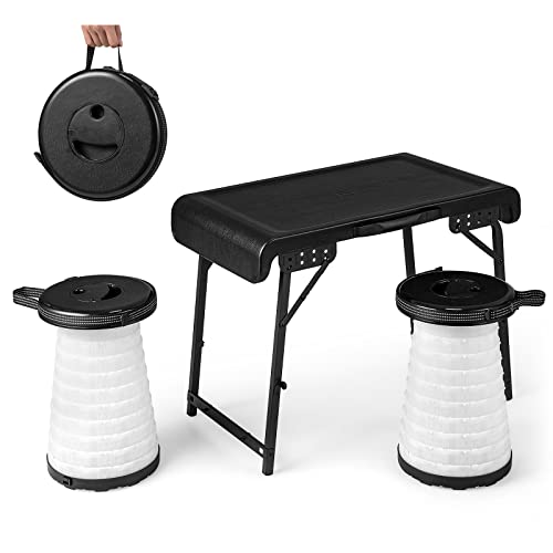 GYMAX 3-teiliges Campingtischset klappbar, Picknicktisch mit 2 ausziehbaren LED-Hockern, tragbares & leichtes Camping-Tisch-Stuhl-Set, Outdoor-Sitzgruppe für Strand, Hinterhof & Picknick, Schwarz von GYMAX