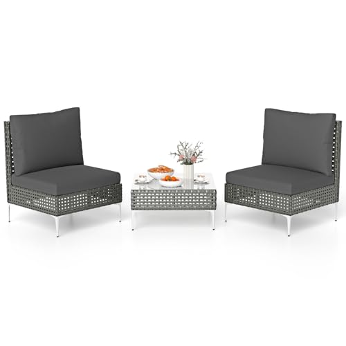 GYMAX 3-teiliges PE-Rattan Gartenmöbel Set, Terrassenmöbel-Set mit 2 Sesseln & 1 Couchtisch aus gehärtetem Glas, Balkon Set mit Sitzkissen & Rückenkissen, Balkonmöbel Set für Garten, Hof GYMAX 3-teiliges PE-Rattan Gartenmöbel Set, Terrassenmöbel-Set mit 2 Sesseln & 1 Couchtisch aus gehärtetem Glas, Balkon Set mit Sitzkissen & Rückenkissen, Balkonmöbel Set für Garten, Hof von GYMAX