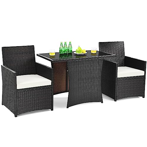 GYMAX 3-teiliges Terrassenmöbel-Set, platzsparende Balkonstühle mit Kaffeetisch & waschbaren Kissen, Robustes Gartenmöbel-Set, Balkonmöbel für Veranda, Hinterhof & Pool von GYMAX
