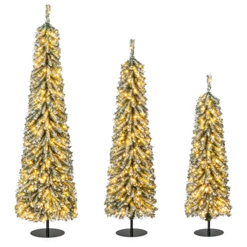 GYMAX 3er-Set Weihnachtsbaum, 120+150+180cm Künstlicher Weihnachtsbaum mit 505+302+216 Zweigspitzen & 180+120+100 warmweiße LED Lichter, Bleistiftbaum mit Metallsockel & Baumwollkern von GYMAX