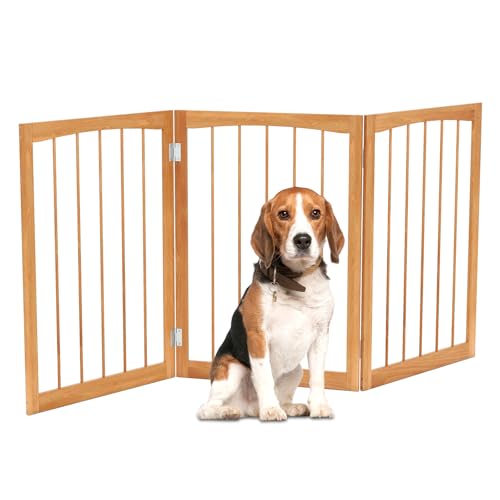GYMAX Absperrgitter Hund 3-teilig, 159 x 76 cm Faltbar Hundegitter mit 180° Drehung, Schutzgitter Holz Hundegitter Türschutzgitter für Türen, Treppen & Veranda (Natur) von GYMAX