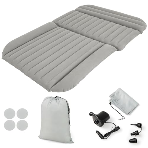 GYMAX Auto Matratze, 190 cm x 130 cm Luftmatratze mit 7 Luftkammern, Luftpumpe & Tragetasche, SUV Luftmatratze mit zweiseitigem Design, Dickere & Beflockung für Wohnmobile, MPVs & SUVs (Grau) von GYMAX