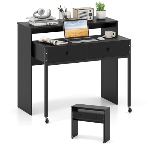 GYMAX Computertisch ausziehbar, Schreibtisch mit 2 Tischplatten & Schubladen, arretierbaren Rollen & Kippsicherungen, Schreibtisch für Homeoffice, 100 x 63 x 88 cm (Schwarz) von GYMAX