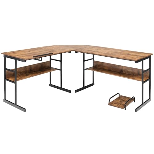 GYMAX Eckschreibtisch, L-förmiger Computertisch mit Monitorständer & neigbare Platte, industriestiler Bürotisch, Gaming-Tisch für Wohnzimmer & Büro, 170 x 150 x 75 cm (Braun) von GYMAX