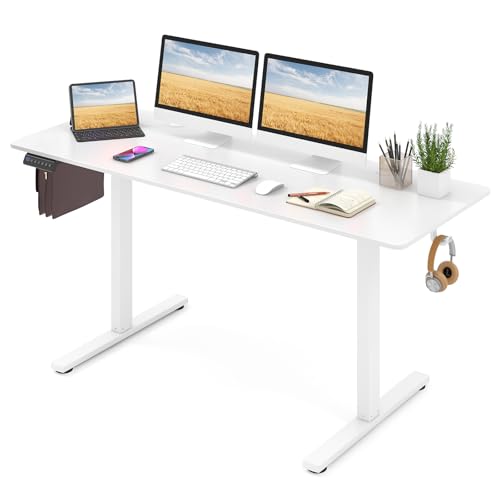GYMAX Elektrischer Schreibtisch höhenverstellbar, 160 x 60 cm Stehschreibtisch mit 3 speicherbaren Arbeitshöhen & Antikollisionssystem, Steh-Sitz Tisch, Computertisch mit 2 Haken & Kabellöchern, Weiß von GYMAX