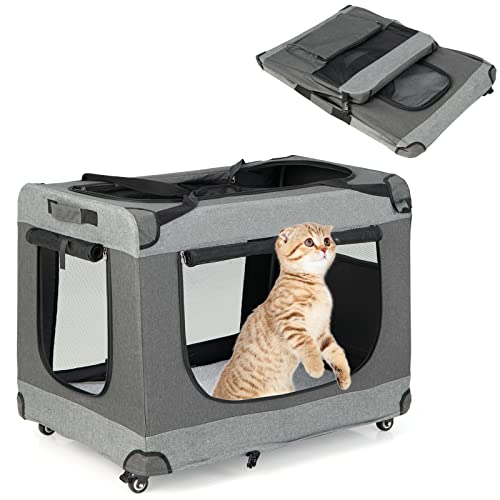 GYMAX Transporttasche Faltbar 82 x 59 x 67 cm Transportbox Hund Katze Hundebox Metallrahmen Hundetasche Katzentasche mit Rädern mit Bremsen Katzentransportbox Hundetragetasche Haustiertransportbox von GYMAX