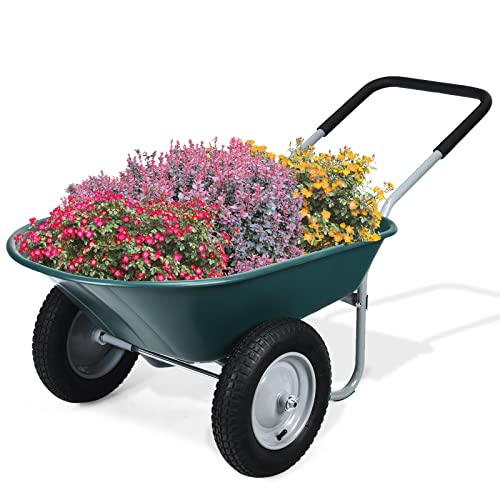 GYMAX Gartenschubkarre 75 Liter Volumen mit 2 Luftreifen, Schiebkarre Transportkarre mit Griff, Bauschubkarre bis 100 kg belastbar, 65 x 145 x 65 cm (Grün) von GYMAX