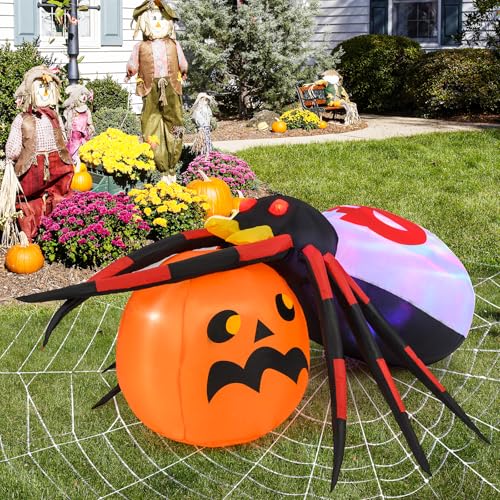 GYMAX Halloween aufblasbare Dekoration 150 x 140 cm, Halloween-Spinne & Kürbis, aufblasbar Dekoration mit farbigem rotierendem LED-Lichtern & Erdnägeln, aufblasbare Kürbis Spinne für Innen & Außen von GYMAX