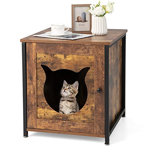 GYMAX Katzenhaus Katzenklo Schrank, Katzentoilette 50 x 53 x 55 cm, Multifunktionaler Katzenschrank mit Tür & Eingang, aus Holz & Metall, für kleine & mittlere Katzen (Braun) von GYMAX