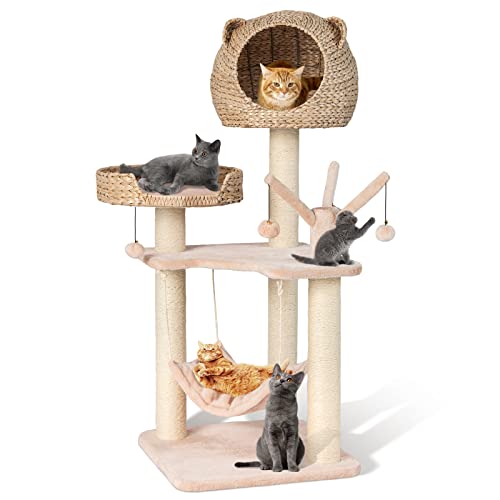 GYMAX Kratzbaum 121 cm Hoch Mehrstöckiger Katzenbaum mit Hängematte & Spielbällen Kletterbaum für Katzen Stabiler Katzenkratzbaum von GYMAX