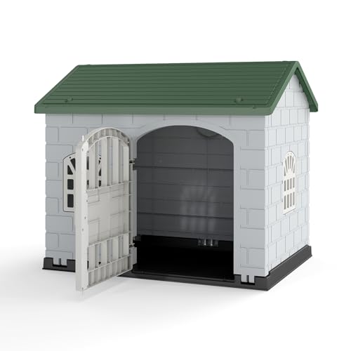 GYMAX Kunststoff Hundehütte, große Hundehaus mit 3 Fenstern, schrägem Dach & abschließbare Tür, Hundehütte für kleine bis mittelgroße Hunde, 75 x 58 x 65 cm (Dunkelgrau + Grün) von GYMAX