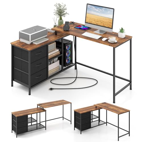 GYMAX L-förmiger Computertisch, Eckschreibtisch mit Schubladen & Regalen, Gaming Tisch mit Steckdose & Monitorständer, PC-Tisch, Stabiler L-förmiger Schreibtisch für Büro & Zuhause(Rustikales Braun) GYMAX L-förmiger Computertisch, Eckschreibtisch mit Schubladen & Regalen, Gaming Tisch mit Steckdose & Monitorständer, PC-Tisch, Stabiler L-förmiger Schreibtisch für Büro & Zuhause(Rustikales Braun) von GYMAX