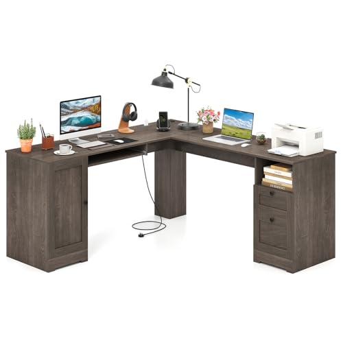 GYMAX L-förmiger Computertisch, Eckschreibtisch mit integrierter Ladestation, verstellbaren Regalen & Kabelloch, Schreibtisch, PC-Tisch zum Spielen & Arbeiten, 168 x 168 x 76 cm (Grau) von GYMAX
