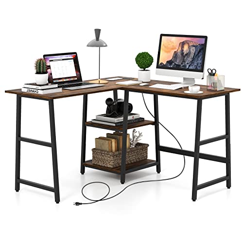 GYMAX L-förmiger Schreibtisch, Computertisch mit Steckdosen & USB-Anschlüssen, 120 cm PC Tisch mit Stauraum & Metallgestell, platzsparender Eckschreibtisch für Zuhause & Büro (Rustikales Braun) von GYMAX