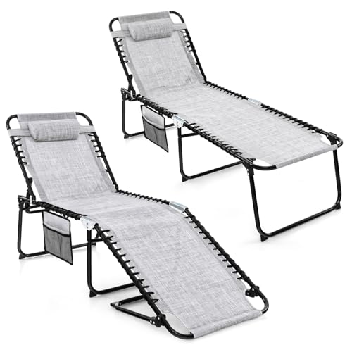 GYMAX Liegestuhl klappbarer, tragbare Sonnenliege mit Verstellbarer Rückenlehne & Kopfstütze, Strandliege mit Seitentasche, Campingliege bis 150 kg belastbar, Gartenliege für Pool & Terrasse (Grau) von GYMAX