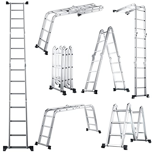 GYMAX Mehrzweckleiter 3,7 m, 7-in-1 Multifunktionsleiter, Alu Leiter bis 150 kg Belastbar, leichte Klappleiter für drinnen & draußen, Silber von GYMAX