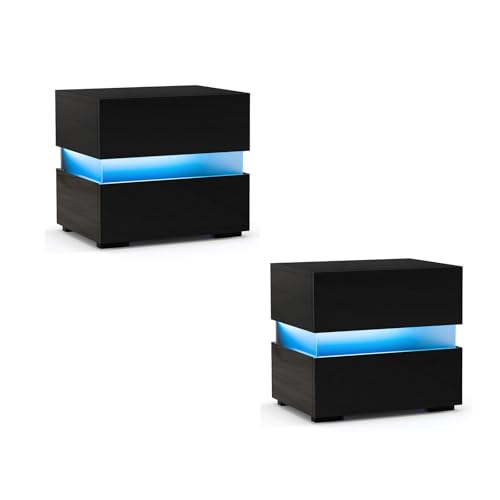 GYMAX Nachttisch mit farbigem LED-Licht & 22 dynamischen Modi, Beistelltisch mit 5 Helligkeitsstufen & Fernbedienung, Nachtschrank mit 2 Schubladen, 45 x 35 x 45 cm (2, Schwarz) von GYMAX