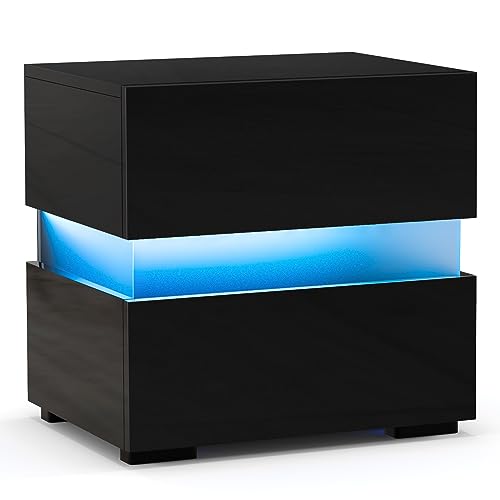 GYMAX Nachttisch mit farbigem LED-Licht & 22 dynamischen Modi, Beistelltisch mit 5 Helligkeitsstufen & Fernbedienung, Nachtschrank mit 2 Schubladen, 45 x 35 x 45 cm (1, Schwarz) von GYMAX