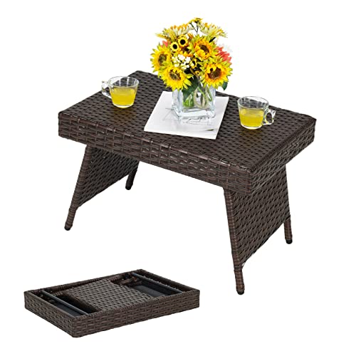 GYMAX Rattantisch klappbar, Gartentisch Terassentisch aus Polyrattan, Bistrotisch Beistelltisch mit Metallgestell, rechteckig, 60 x 40 x 40 cm, für Garten, Terrasse, Balkon, Braun von GYMAX