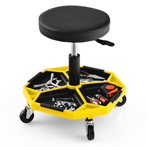 GYMAX Robuster Rollhocker, mobiler Montagehocker, höhenverstellbarer Werkstatthocker 41-55cm, Montagehocker mit Werkzeugablage & gepolstertem Sitzkissen, Werstattstuhl bis 150kg belastbar (Gelb) von GYMAX