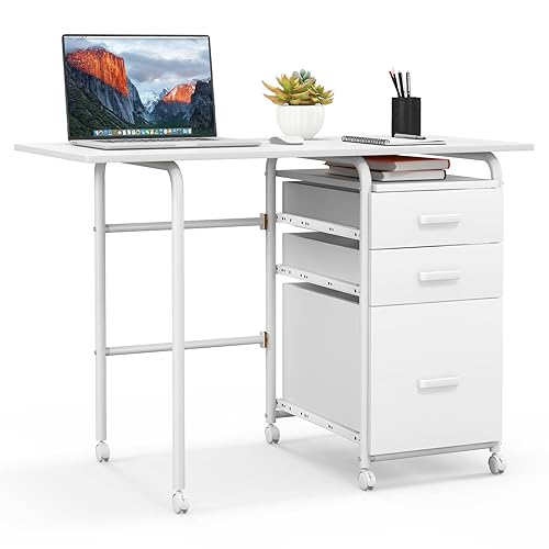GYMAX Rollender Schreibtisch mit klappbarer Tischplatte, mobiler Computertisch mit 6 Rollen & 3 Schubladen & Metallrahmen, platzsparender rollbarer Klapptisch für Heimbüro, Arbeitszimmer (Weiß) von GYMAX