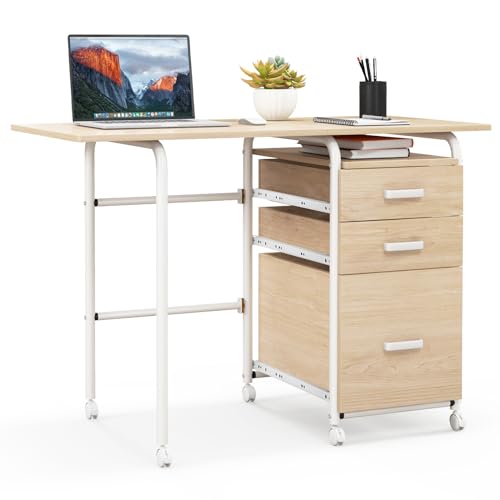 GYMAX Rollender Schreibtisch mit klappbarer Tischplatte, mobiler Computertisch mit 6 Rollen & 3 Schubladen & Metallrahmen, platzsparender rollbarer Klapptisch für Heimbüro, Arbeitszimmer (Natur) von GYMAX