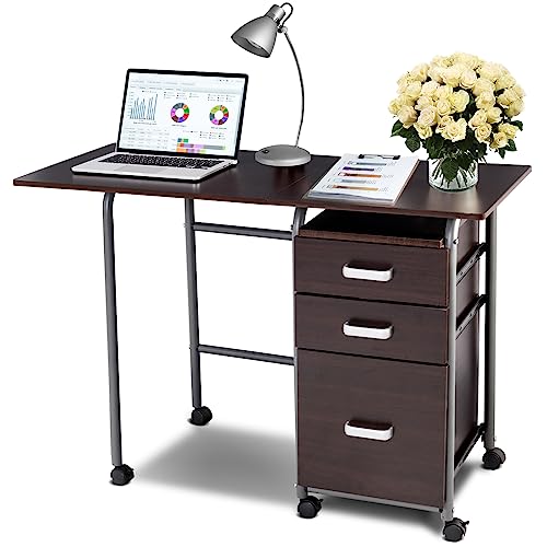 GYMAX Rollender Schreibtisch mit klappbarer Tischplatte, mobiler Computertisch mit 6 Rollen & 3 Schubladen & Metallrahmen, platzsparender rollbarer Klapptisch für Heimbüro, Arbeitszimmer von GYMAX