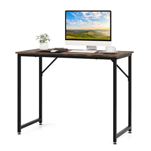 GYMAX Schreibtisch, Computertisch 100x50x77cm, Bürotisch mit robustem Metallrahmen, moderner Konferenztisch, PC Tisch, Officetisch für Arbeitszimmer & Schlafzimmer (Braun) von GYMAX