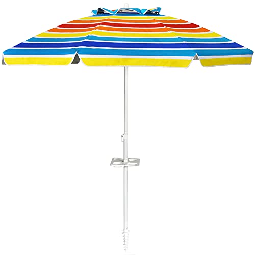 GYMAX Sonnenschirm Strandschirm 220 cm, Gartenschirm Terrassenschirm neigbar & tragbar, runder Marktschirm mit Verankerung & Getränkehalter, für Garten, Sandstrand (Bunt) von GYMAX
