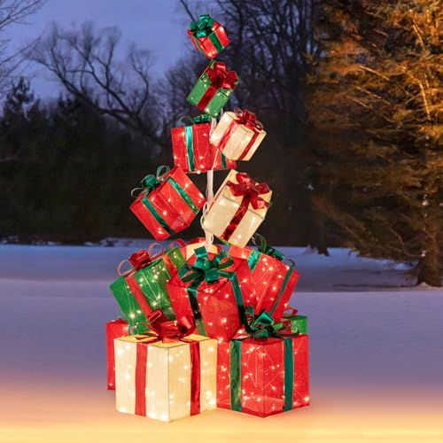 GYMAX Stapeln von Geschenkboxen, glühende Weihnachtsdekoration mit 450 LED-Lichtern & solide Konstruktion mit 8 Bodenspikes, Weihnachtsfigur in Stoff, Weihnachtsbeleuchtung für außen & innen von GYMAX