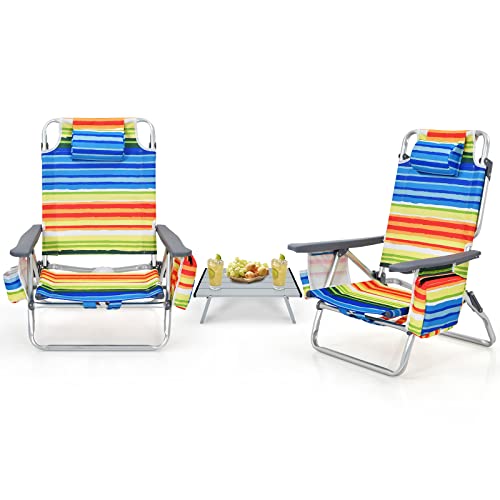 GYMAX Strandstühle & Tisch Set, tragbare Campingstühle mit Kopfstütze & Seitentaschen, faltbares Klappstuhl mit Verstellbarer Rückenlehne, Gartenstuhl für Rasen, Hinterhof & Poolbereich (Mehrfarbig) von GYMAX