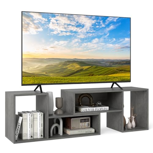 GYMAX TV-Schrank, TV Lowboard für Fernseher von 32-60 Zoll, Fernsehtisch mit 4 Fächer, Erweiterung & freier Rotation, TV-Regal für Wohnzimmer & Schlafzimmer (Grau) von GYMAX