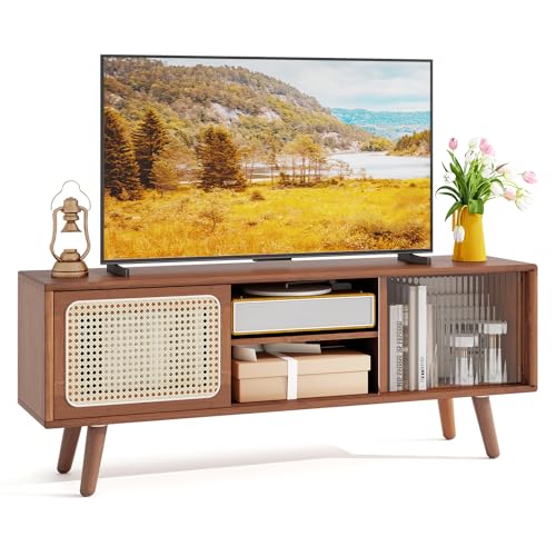 GYMAX TV Schrank aus Bambus, TV-Ständer bis zu 55 Zoll, Fernsehschrank für TV mit Gummibaumholzbein, 2 Offene Trennwände & Glas Schiebetür, 120,5 × 31 × 45,5 cm (Walnuss) von GYMAX