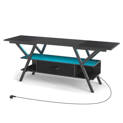 GYMAX TV-Schrank bis zu 65 Zoll TV-Konsole, Fernsehschrank mit LED-Leuchten & USB + Type-C Steckdosen, Lowboard mit offenen Regale & 2 Lagerung Stoff Schubladen von GYMAX