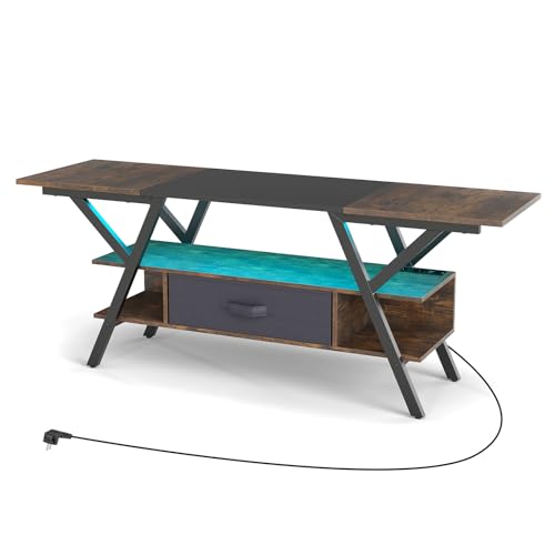 GYMAX TV-Schrank bis zu 65 Zoll TV-Konsole, Fernsehschrank mit LED-Leuchten & USB + Type-C Steckdosen, Lowboard mit offenen Regale & 2 Lagerung Stoff Schubladen von GYMAX