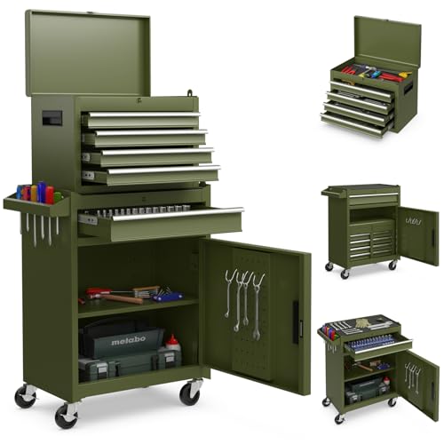 GYMAX Werkstattwagen mit 5 Schubladen, 2 in 1 Werkzeugschrank mit Haken, verstellbarem Regal & Universalrädern, Werkzeugwagen für Garage, Lager & Werkstatt (Olivgrün) von GYMAX