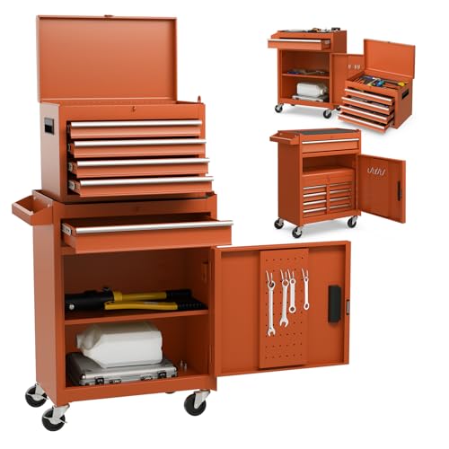 GYMAX Werkstattwagen mit 5 Schubladen, 2 in 1 Werkzeugschrank mit Haken, verstellbarem Regal & Universalrädern, Werkzeugwagen für Garage, Lager & Werkstatt (Orange) von GYMAX