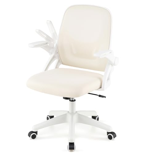 GYMAX ergonomischer Bürostuhl, Schreibtischstuhl mit Hochklappbare Armlehnen, Lendenwirbelstütze & Wippfunktion, höhenverstellbar Drehstuhl mit Rollen für die Arbeit von GYMAX