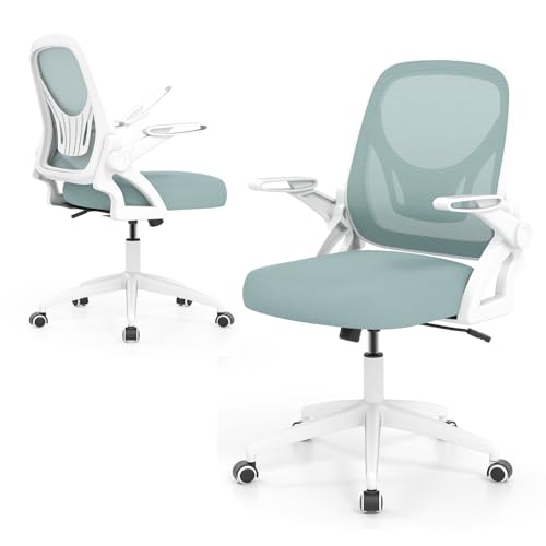 GYMAX ergonomischer Bürostuhl, Schreibtischstuhl mit Hochklappbare Armlehnen, Lendenwirbelstütze & Wippfunktion, höhenverstellbar Drehstuhl mit Rollen für die Arbeit von GYMAX